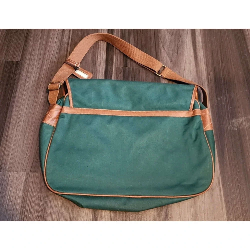 Polo Ralph Lauren VTG Green Messenger Bag Brown Leather Trim Shoulder Laptop Bag